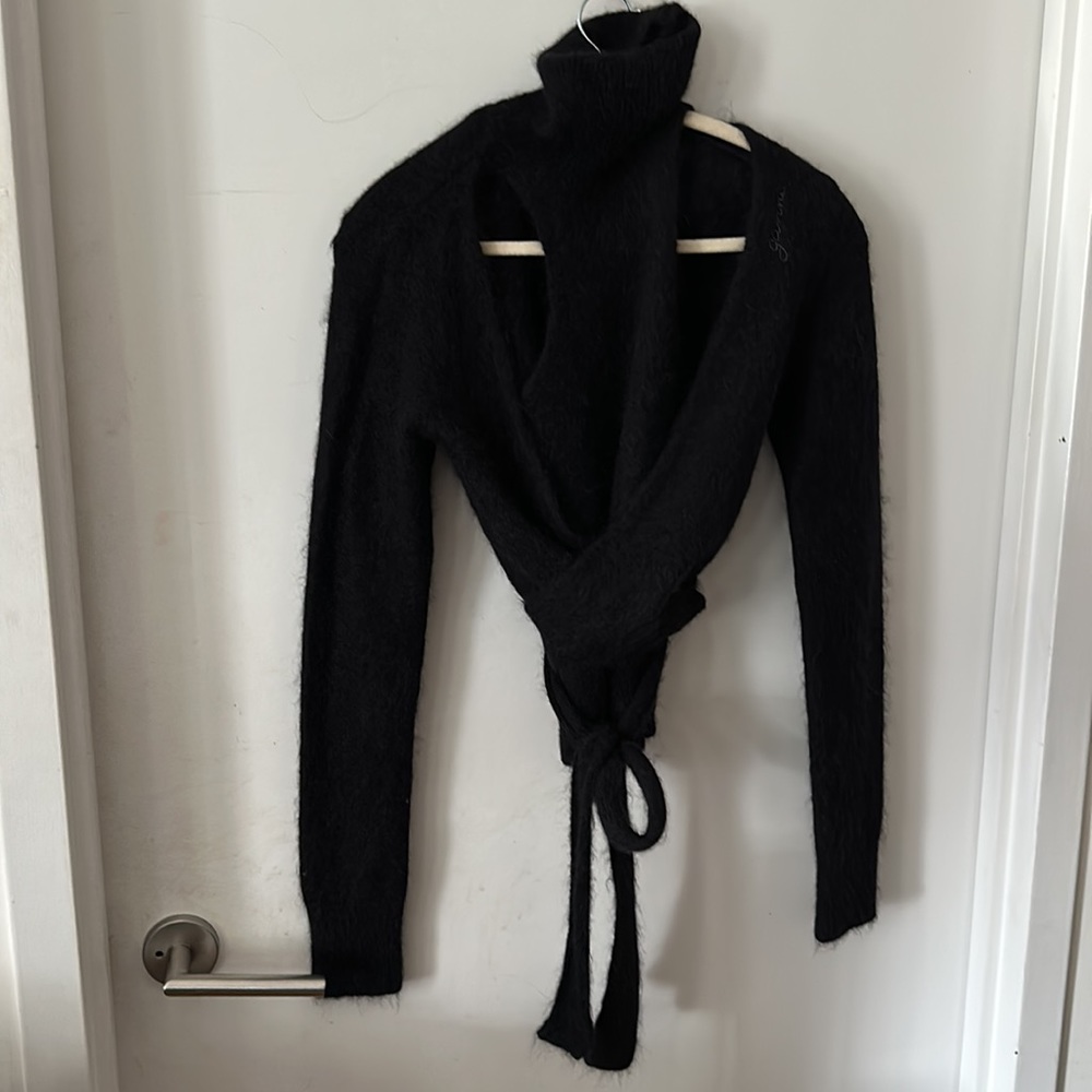 GANNI Alpaca Blend Black Cut out Turtleneck Wrap Sweater - Picture 10 of 11